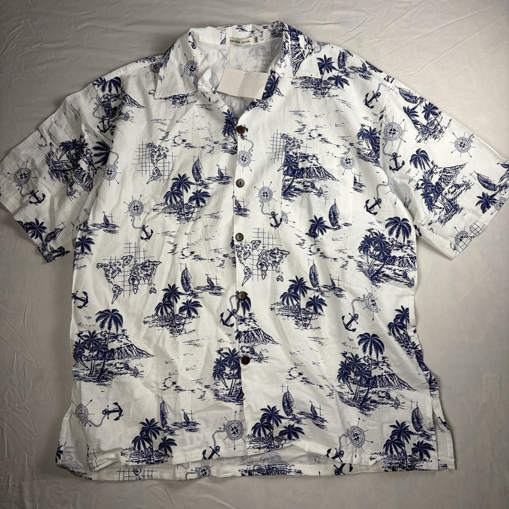 NWT Natural Cotton Mens Hawaiian Button Down Short‎ Sleeve XXL white/navy Beach